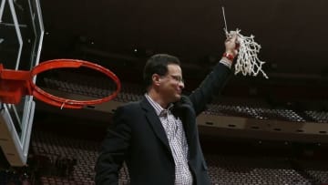 Mar 6, 2016; Bloomington, IN, USA; Indiana Hoosiers coach Tom Crean cuts down the net to celebrate the 2016 Big Ten championship after defeating the Maryland Terrapins at Assembly Hall. Indiana defeats Maryland 80-62. Mandatory Credit: Brian Spurlock-USA TODAY Sports