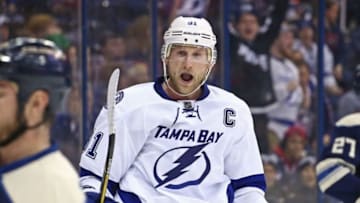 Mar 13, 2016; Columbus, OH, USA; Tampa Bay Lightning center Steven Stamkos (91) reacts to the shorthanded goal scored by left wing Ondrej Palat (18) in the third period at Nationwide Arena. The Lightning won 4-0. Mandatory Credit: Aaron Doster-USA TODAY Sports