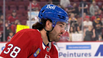 Apr 13, 2023; Montreal, Quebec, CAN; Montreal Canadiens forward Joel Teasdale (38) skates during the warmup period before the game against the Boston Bruins at the Bell Centre. Mandatory Credit: Eric Bolte-USA TODAY Sports