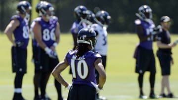 Jun 14, 2016; Baltimore, MD, USA; Baltimore Ravens wide receiver Chris Moore (10) looks on from the sidelines during the first day of minicamp sessions at Under Armour Performance Center. Mandatory Credit: Tommy Gilligan-USA TODAY Sports