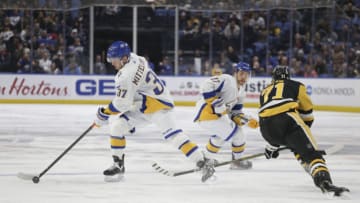BUFFALO, NEW YORK - DECEMBER 09: Casey Mittelstadt #37 of the Buffalo Sabres skates during the second period of an NHL hockey game against the Pittsburgh Penguins at KeyBank Center on December 09, 2022 in Buffalo, New York. (Photo by Joshua Bessex/Getty Images)