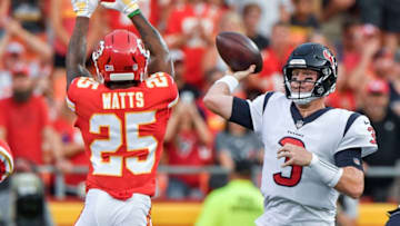Houston Texans quarterback Brandon Weeden throws over Kansas City Chiefs defensive back Armani Watts (25) in the first quarter during a preseason game on Thursday, Aug. 9, 2018, at Arrowhead Stadium in Kansas City, Mo. The Texans won, 17-10. (John Sleezer/Kansas City Star/TNS via Getty Images)