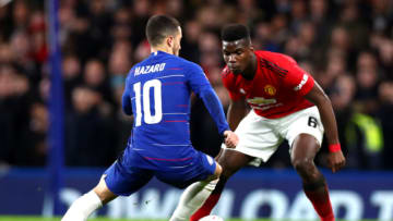 LONDON, ENGLAND - FEBRUARY 18: Eden Hazard of Chelsea FC and Paul Pogba of Manchester United in action during the FA Cup fifth round match between Chelsea FC and Manchester United at Stamford Bridge on February 18, 2019 in London, United Kingdom. (Photo by Chloe Knott - Danehouse/Getty Images)
