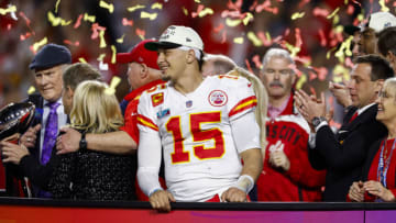 GLENDALE, AZ - FEBRUARY 12: Patrick Mahomes #15 of the Kansas City Chiefs celebrates after Super Bowl LVII against the Philadelphia Eagles at State Farm Stadium on February 12, 2023 in Glendale, Arizona. The Chiefs defeated the Eagles 38-35. (Photo by Kevin Sabitus/Getty Images)