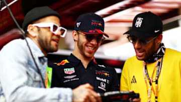 BARCELONA, SPAIN - MAY 12: Pierre Gasly of France and Red Bull Racing meets Brazilian football superstars Neymar and Dani Alves before the F1 Grand Prix of Spain at Circuit de Barcelona-Catalunya on May 12, 2019 in Barcelona, Spain. (Photo by Dan Istitene/Getty Images)