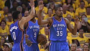 May 16, 2016; Oakland, CA, USA; Oklahoma City Thunder guard Russell Westbrook (0) congratulates forward Kevin Durant (35) for being fouled during the second quarter in game one of the Western conference finals of the NBA Playoffs against the Golden State Warriors at Oracle Arena. Mandatory Credit: Kyle Terada-USA TODAY Sports
