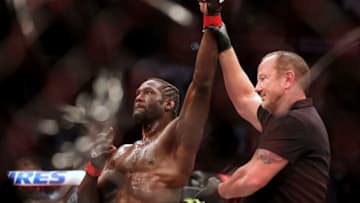 HOUSTON, TEXAS - FEBRUARY 12: Jared Cannonier reacts after winning his middleweight fight against Derek Brunson via a second-round knockout during UFC 271 at Toyota Center on February 12, 2022 in Houston, Texas. (Photo by Carmen Mandato/Getty Images)