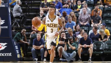 INDIANAPOLIS, IN - OCTOBER 06: Joe Young #3 of the Indiana Pacers brings the ball up court against the Chicago Bulls during a preseason game at Bankers Life Fieldhouse on October 6, 2016 in Indianapolis, Indiana. The Pacers defeated the Bulls 115-108. NOTE TO USER: User expressly acknowledges and agrees that, by downloading and or using the photograph, User is consenting to the terms and conditions of the Getty Images License Agreement. (Photo by Joe Robbins/Getty Images)