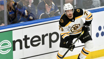 ST. LOUIS, MO - JUN 01: Boston Bruins defenseman Charlie McAvoy (73) with the puck during Game 3 of the Stanley Cup Final between the Boston Bruins and the St. Louis Blues, on June 01, 2019, at Enterprise Center, St. Louis, Mo. (Photo by Keith Gillett/Icon Sportswire via Getty Images)
