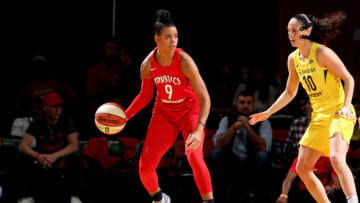 FAIRFAX, VA - SEPTEMBER 12: Natasha Cloud #9 of the Washington Mystics handles the ball against the Seattle Storm during Game Three of the 2018 WNBA Finals on September 12, 2018 at Eaglebank Arena at George Mason University in Fairfax, VA. NOTE TO USER: User expressly acknowledges and agrees that, by downloading and or using this photograph, User is consenting to the terms and conditions of the Getty Images License Agreement. Mandatory Copyright Notice: Copyright 2018 NBAE (Photo by Ned Dishman/NBAE via Getty Images)