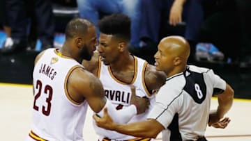CLEVELAND, OH - JUNE 09: LeBron James #23 of the Cleveland Cavaliers restrains Iman Shumpert #4 after a jumpball in the third quarter against the Golden State Warriors in Game 4 of the 2017 NBA Finals at Quicken Loans Arena on June 9, 2017 in Cleveland, Ohio. NOTE TO USER: User expressly acknowledges and agrees that, by downloading and or using this photograph, User is consenting to the terms and conditions of the Getty Images License Agreement. (Photo by Gregory Shamus/Getty Images)