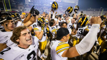 Oct 1, 2021; College Park, Maryland, USA; Iowa Hawkeyes players celebrates after a game against the Maryland Terrapins at Capital One Field at Maryland Stadium. Mandatory Credit: Scott Taetsch-USA TODAY Sports