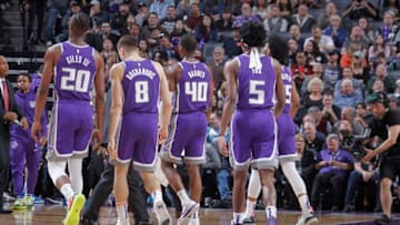 SACRAMENTO, CA - MARCH 19: Harry Giles #20, Bogdan Bogdanovic #8, Harrison Barnes #40, De'Aaron Fox #5 and Marvin Bagley III #35 of the Sacramento Kings face the Brooklyn Nets on March 19, 2019 at Golden 1 Center in Sacramento, California. NOTE TO USER: User expressly acknowledges and agrees that, by downloading and or using this photograph, User is consenting to the terms and conditions of the Getty Images Agreement. Mandatory Copyright Notice: Copyright 2019 NBAE (Photo by Rocky Widner/NBAE via Getty Images)