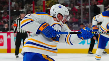 Dec 2, 2023; Raleigh, North Carolina, USA; Buffalo Sabres left wing Victor Olofsson (71) takes a shot against the Carolina Hurricanes during the second period at PNC Arena. Mandatory Credit: James Guillory-USA TODAY Sports