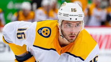 DETROIT, MI - JANUARY 04: Phillip Di Giuseppe #16 of the Nashville Predators gets set for the face-off against the Detroit Red Wings during an NHL game at Little Caesars Arena on January 4, 2019 in Detroit, Michigan. The Red Wings defeated the Predators 4-3 in overtime. (Photo by Dave Reginek/NHLI via Getty Images)