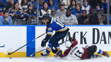 ST. LOUIS, MO - DECEMBER 16:Brayden Schenn #10 of the St. Louis Blues avoids Valeri Nichushkin #13 of the Colorado Avalanche at Enterprise Center on December 16, 2019 in St. Louis, Missouri. (Photo by Scott Rovak/NHLI via Getty Images)