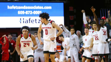 PISCATAWAY, NJ - JANUARY 09: Geo Baker #0 of the Rutgers Scarlet Knights reacts after scoring the game winning three-point basket defeating the Ohio State Buckeyes 64-61 in a game at Rutgers Athletic Center on January 9, 2019 in Piscataway, New Jersey. (Photo by Rich Schultz/Getty Images)