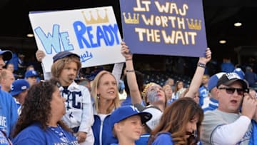 Oct 29, 2014; Kansas City, MO, USA; Kansas City Royals fans hold up a sign before game seven of the 2014 World Series against the San Francisco Giants at Kauffman Stadium. Mandatory Credit: Peter G. Aiken-USA TODAY Sports