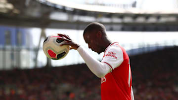 LONDON, ENGLAND - AUGUST 17: Nicolas Pepe of Arsenal looks on during the Premier League match between Arsenal FC and Burnley FC at Emirates Stadium on August 17, 2019 in London, United Kingdom. (Photo by Julian Finney/Getty Images)