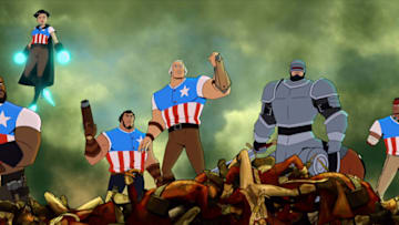 AMERICA: THE MOTION PICTURE - (L-R) Killer Mike as "Blacksmith", Oliva Munn as "Thomas Edison", Jason Mantzoukas as "Samuel Adams", Channing Tatum as "George Washington", Bobby Moynihan as "Paul Revere" and Raoul Max Trujillo as "Geronimo". Cr: America, The Motion Picture, LLC. © 2021