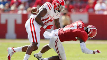 TUSCALOOSA, AL - SEPTEMBER 29: Trevon Diggs #7 of the Alabama Crimson Tide forces a fumble by Jalen Williams #18 of the Louisiana Ragin Cajuns at Bryant-Denny Stadium on September 29, 2018 in Tuscaloosa, Alabama. (Photo by Kevin C. Cox/Getty Images)
