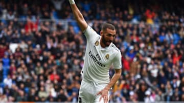 Real Madrid's French forward Karim Benzema celebrates his second goal during the Spanish League football match between Real Madrid and Athletic Bilbao at the Santiago Bernabeu Stadium in Madrid on April 21, 2019. (Photo by GABRIEL BOUYS / AFP) (Photo credit should read GABRIEL BOUYS/AFP/Getty Images)