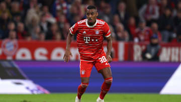 Bayern Munich midfielder Ryan Gravenberch frustrated after starting on bench against Eintracht Frankfurt. (Photo by Jonathan Moscrop/Getty Images)