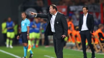 LEVERKUSEN, GERMANY - SEPTEMBER 14: Leonid Slutsky head coach of CSKA Moscow issues instructions to his players during the UEFA Champions League match between Bayer 04 Leverkusen and PFC CSKA Moskva at BayArena on September 14, 2016 in Leverkusen, Germany. (Photo by Alex Grimm/Bongarts/Getty Images)