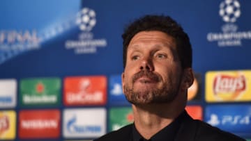 MILAN, ITALY - MAY 28: Club Atletico de Madrid head coach Diego Simeone speaks to the media after the UEFA Champions League Final between Real Madrid and Club Atletico de Madrid at Stadio Giuseppe Meazza on May 28, 2016 in Milan, Italy. (Photo by Valerio Pennicino - UEFA/UEFA via Getty Images)