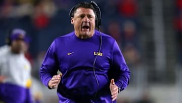 OXFORD, MISSISSIPPI - NOVEMBER 16: Head coach Ed Orgeron of the LSU Tigers reacts during the first half of a game against the Mississippi Rebels at Vaught-Hemingway Stadium on November 16, 2019 in Oxford, Mississippi. (Photo by Jonathan Bachman/Getty Images)