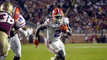 Nov 25, 2022; Tallahassee, Florida, USA; Florida Gators running back Montrell Johnson Jr. (2) runs the ball during the second half against the Florida State Seminoles at Doak S. Campbell Stadium. Mandatory Credit: Melina Myers-USA TODAY Sports
