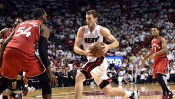 May 13, 2016; Miami, FL, USA; Miami Heat guard Goran Dragic (7) prepares to shoot the ball in front of Toronto Raptors forward Patrick Patterson (54) during the third quarter in game six of the second round of the NBA Playoffs at American Airlines Arena. Mandatory Credit: Steve Mitchell-USA TODAY Sports