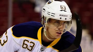 Oct 20, 2016; Vancouver, British Columbia, CAN; Buffalo Sabres forward Tyler Ennis (63) warms up against the the Vancouver Canucks at Rogers Arena. The Vancouver Canucks won 2-1. Mandatory Credit: Anne-Marie Sorvin-USA TODAY Sports