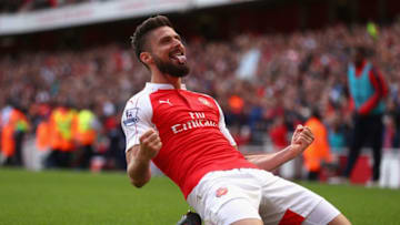 LONDON, ENGLAND - MAY 15: Olivier Giroud of Arsenal celebrates scoring to make it 2-0 during the Barclays Premier League match between Arsenal and Aston Villa at the Emirates Stadium on May 15, 2016 in London, England. (Photo by Julian Finney/Getty Images)