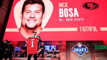 NASHVILLE, TENNESSEE - APRIL 25: Nick Bosa of Ohio State reacts after being chosen #2 overall by the San Francisco 49ers during the first round of the 2019 NFL Draft on April 25, 2019 in Nashville, Tennessee. (Photo by Andy Lyons/Getty Images)