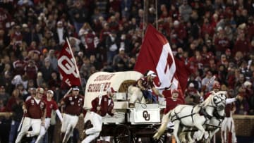 Oct 28, 2017; Norman, OK, USA; Oklahoma Sooners mascot Sooner Schooner on the field after a touchdown during the first half against the Texas Tech Red Raiders at Gaylord Family - Oklahoma Memorial Stadium. Mandatory Credit: Kevin Jairaj-USA TODAY Sports