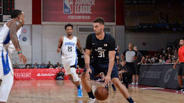 LAS VEGAS, NV - JULY 12: Georges Niang #31 of Utah Jazz handles the ball against the Orlando Magic during the 2018 Las Vegas Summer League on July 12, 2018 at the Cox Pavilion in Las Vegas, Nevada. Copyright 2018 NBAE (Photo by David Dow/NBAE via Getty Images)