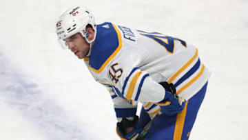 Feb 13, 2022; Montreal, Quebec, CAN; Buffalo Sabres defenseman Casey Fitzgerald (45) during the warm-up session before the game against Montreal Canadiens at Bell Centre. Mandatory Credit: Jean-Yves Ahern-USA TODAY Sports