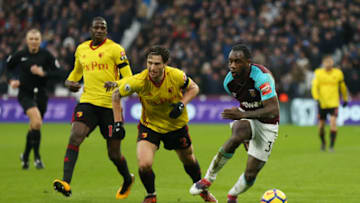 LONDON, ENGLAND - FEBRUARY 10: Watford's Daryl Janmaat and West Ham United's Michail Antonio during the Premier League match between West Ham United and Watford at London Stadium on February 10, 2018 in London, England. (Photo by Rob Newell - CameraSport via Getty Images)