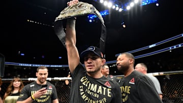LAS VEGAS, NV - OCTOBER 07: Tony Ferguson celebrates after his submission victory over Kevin Lee in their interim UFC lightweight championship bout during the UFC 216 event inside T-Mobile Arena on October 7, 2017 in Las Vegas, Nevada. (Photo by Jeff Bottari/Zuffa LLC/Zuffa LLC via Getty Images)