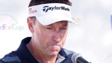 Jan 27, 2015; Scottsdale, AZ, USA; Robert Allenby speaks with members of the media during his press conference during a practice round at TPC Scottsdale Stadium Course. Mandatory Credit: Allan Henry-USA TODAY Sports