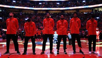 TORONTO, ON - OCTOBER 19: The Toronto Raptors stand for the anthems prior to the first half of an NBA game against the Chicago Bulls at Air Canada Centre on October 19, 2017 in Toronto, Canada. NOTE TO USER: User expressly acknowledges and agrees that, by downloading and or using this photograph, User is consenting to the terms and conditions of the Getty Images License Agreement. (Photo by Vaughn Ridley/Getty Images)