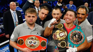 NEW YORK, NY - OCTOBER 17: Gennady Golovkin celebrates his eigth round tko against David Lemieux during their WBA/WBC interim/IBF middleweight title unification bout at Madison Square Garden on October 17, 2015 in New York City. (Photo by Al Bello/Getty Images)