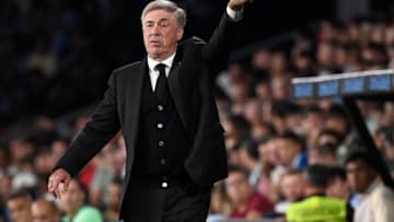 Real Madrid's Italian coach Carlo Ancelotti gestures during the Spanish Liga football match between RC Celta de Vigo and Real Madrid CF at the Balaidos stadium in Vigo on August 25, 2023. (Photo by MIGUEL RIOPA / AFP) (Photo by MIGUEL RIOPA/AFP via Getty Images)