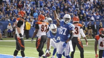 Oct 19, 2014; Indianapolis, IN, USA; Indianapolis Colts wide receiver Reggie Wayne (87) reacts to running back Ahmad Bradshaw (44) scoring a touchdown against the Cincinnati Bengals at Lucas Oil Stadium. Indianapolis defeats Cincinnati 27-0. Mandatory Credit: Brian Spurlock-USA TODAY Sports