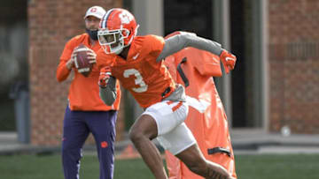 Clemson wide receiver Dacari Collins(3) runs a route during football practice in Clemson, S.C. Monday, March 22, 2021.Clemson Spring Football Practice