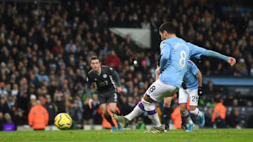 MANCHESTER, ENGLAND - DECEMBER 21: Ilkay Gundogan of Manchester City scores his team's second goal during the Premier League match between Manchester City and Leicester City at Etihad Stadium on December 21, 2019 in Manchester, United Kingdom. (Photo by Michael Regan/Getty Images)