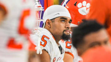 Clemson quarterback D.J. Uiagalelei (5) sits on the bench during the fourth quarter at Heinz Field in Pittsburgh, Pennsylvania, Saturday, October 23, 2021.Ncaa Football Clemson At Pitt