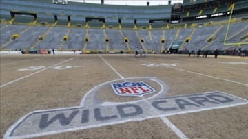 Jan 5, 2014; Green Bay, WI, USA; The NFL Wild Card logo on the field prior to the 2013 NFC wild card playoff football game between the San Francisco 49ers and the Green Bay Packers at Lambeau Field. Mandatory Credit: Jeff Hanisch-USA TODAY Sports