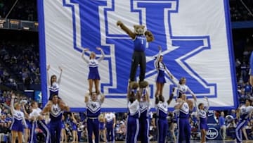 Nov 4, 2013; Lexington, KY, USA; The Kentucky Wildcats cheerleaders perform a routine during a time in the game against the Montevallo Falcons at Rupp Arena. Mandatory Credit: Mark Zerof-USA TODAY Sports